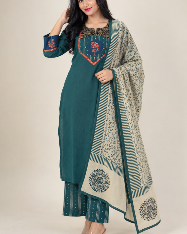 Blue Handloom Cotton Kurta and Pant With Dupatta