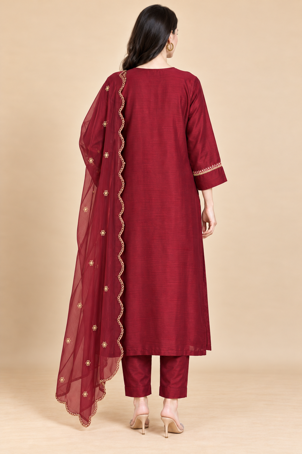 Wine Embroidered Dola Silk Straight Kurta and Pant with Dupatta - Image 2