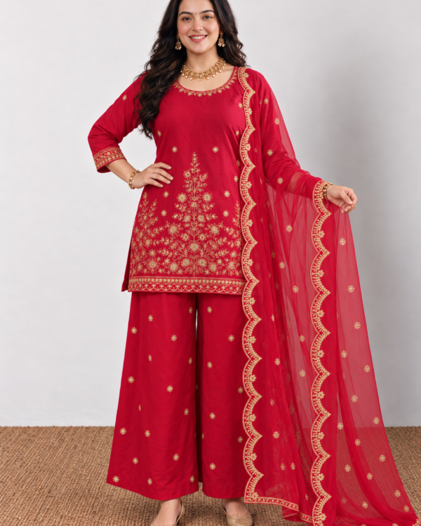 Fuchsia Cotton Kurta Palazzo With Dupatta
