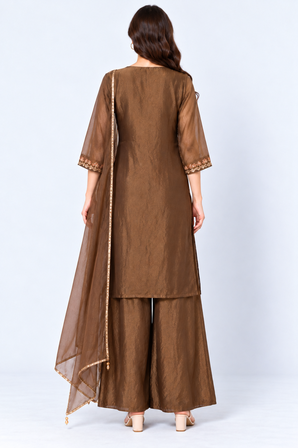 Brown Embroidered Tissue Kurta and Pant with Dupatta - Image 2