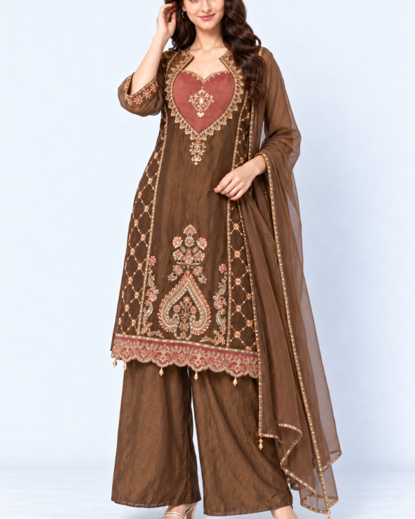 Brown Embroidered Tissue Kurta and Pant with Dupatta