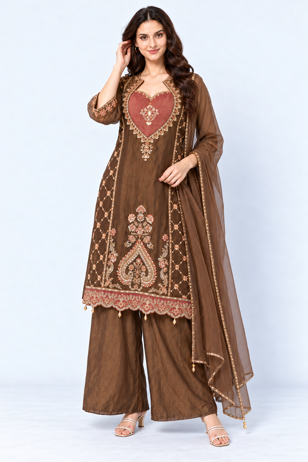 Brown Embroidered Tissue Kurta and Pant with Dupatta