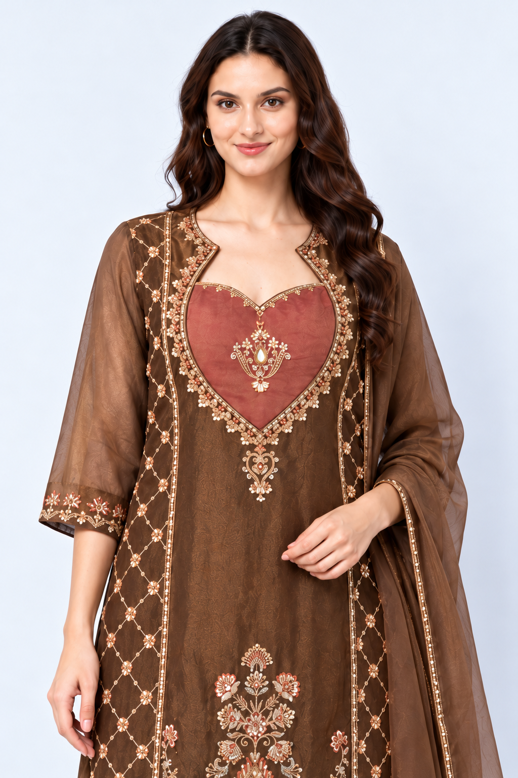 Brown Embroidered Tissue Kurta and Pant with Dupatta - Image 4