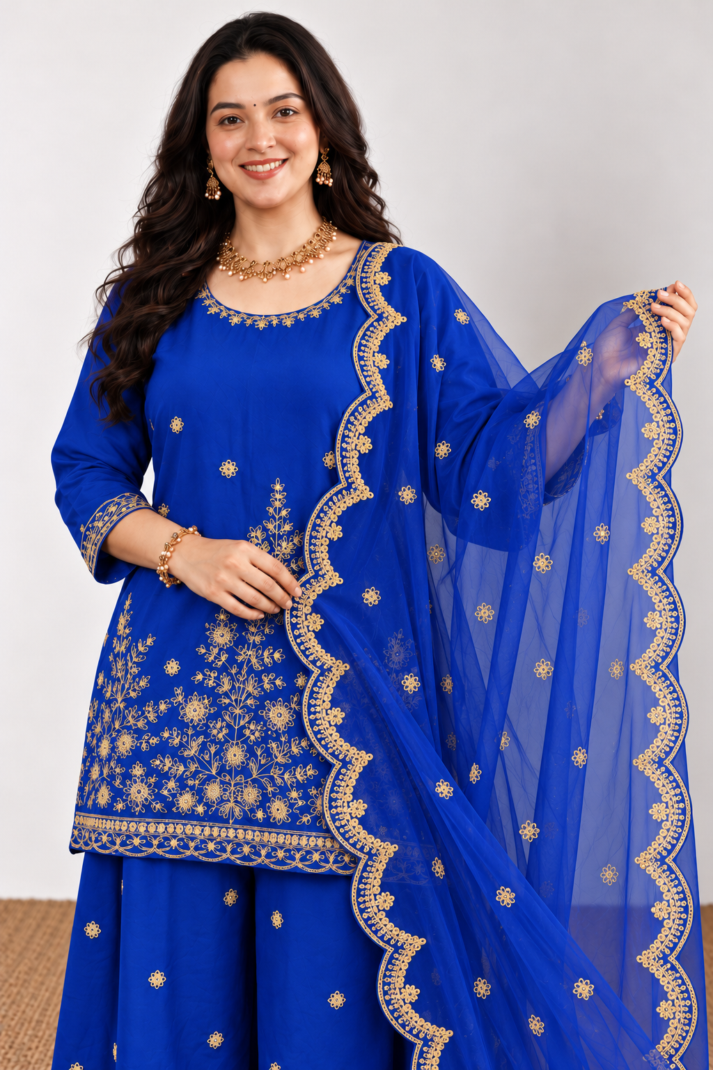 Royal Blue Cotton Kurta Palazzo With Dupatta - Image 2