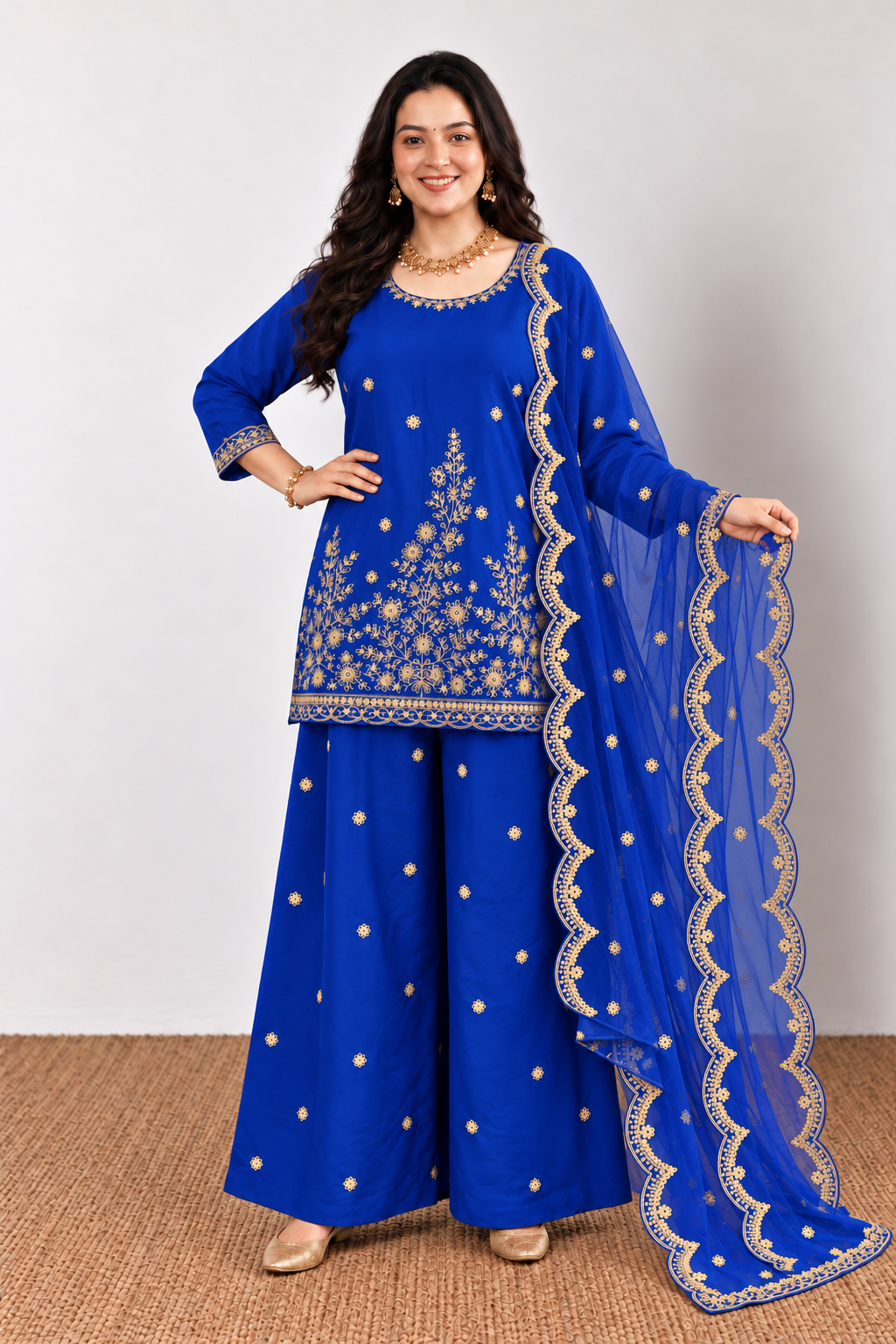 Royal Blue Cotton Kurta Palazzo With Dupatta