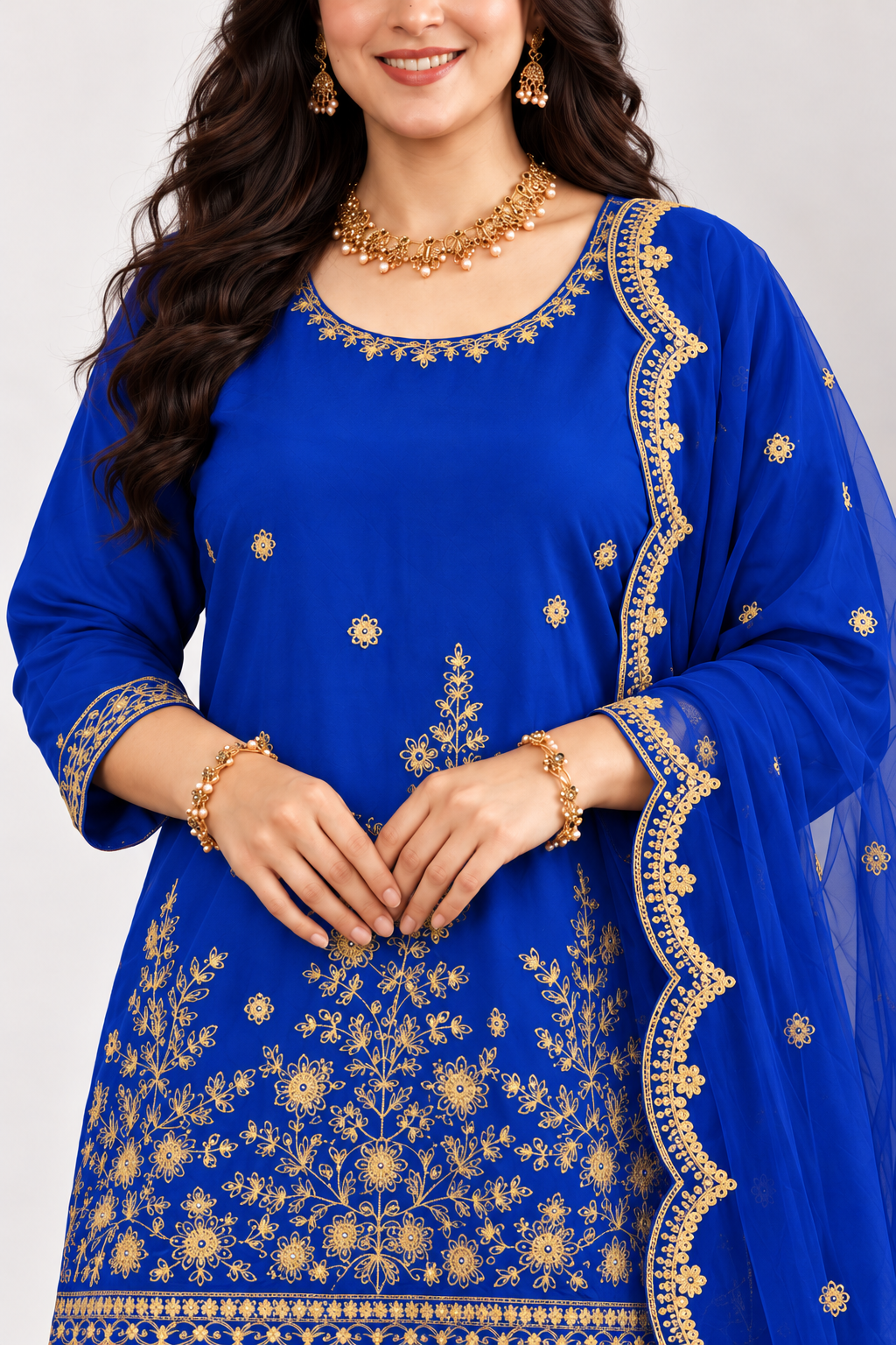 Royal Blue Cotton Kurta Palazzo With Dupatta - Image 6