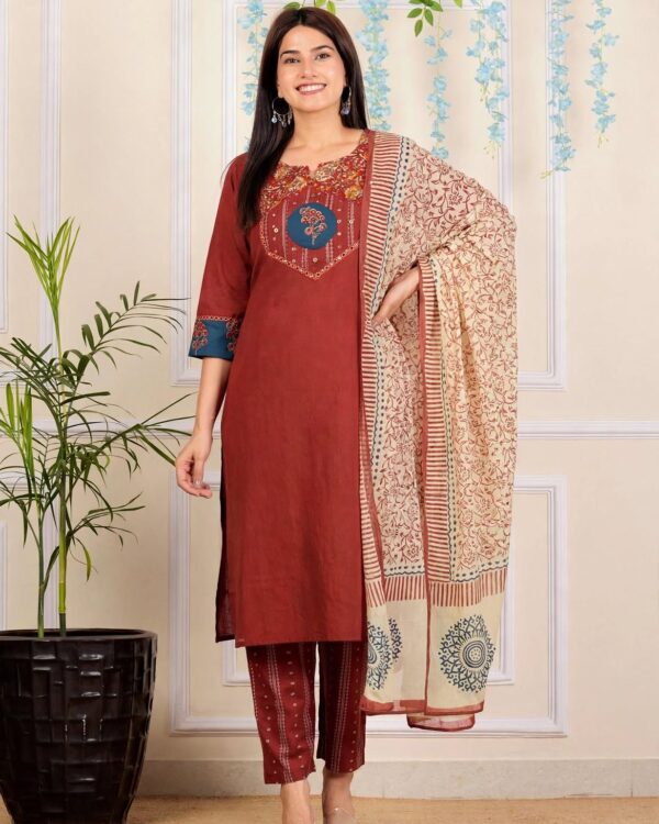Rust Red Handloom Cotton Kurta and Pant With Dupatta