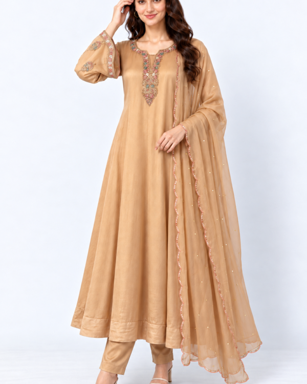 Rose Gold Embroidered Chinon Anarkali Kurta and Pant with Dupatta
