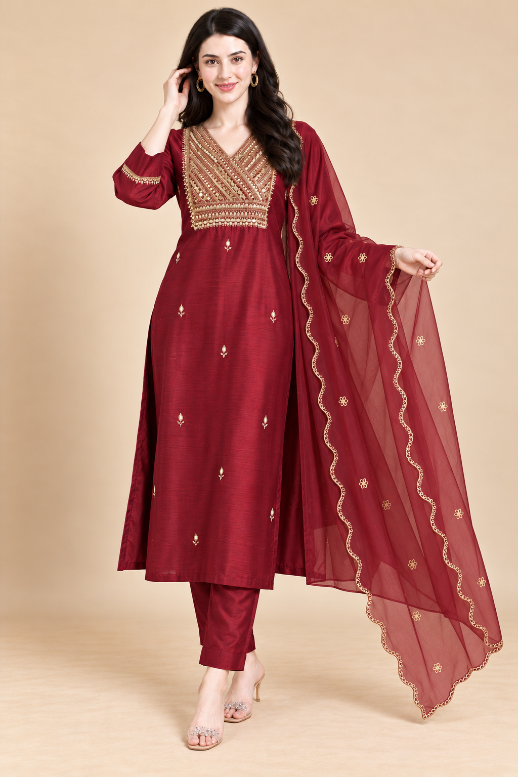 Wine Embroidered Dola Silk Straight Kurta and Pant with Dupatta - Image 3