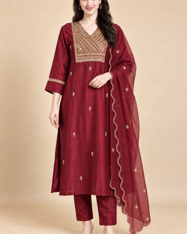 Wine Embroidered Dola Silk Straight Kurta and Pant with Dupatta