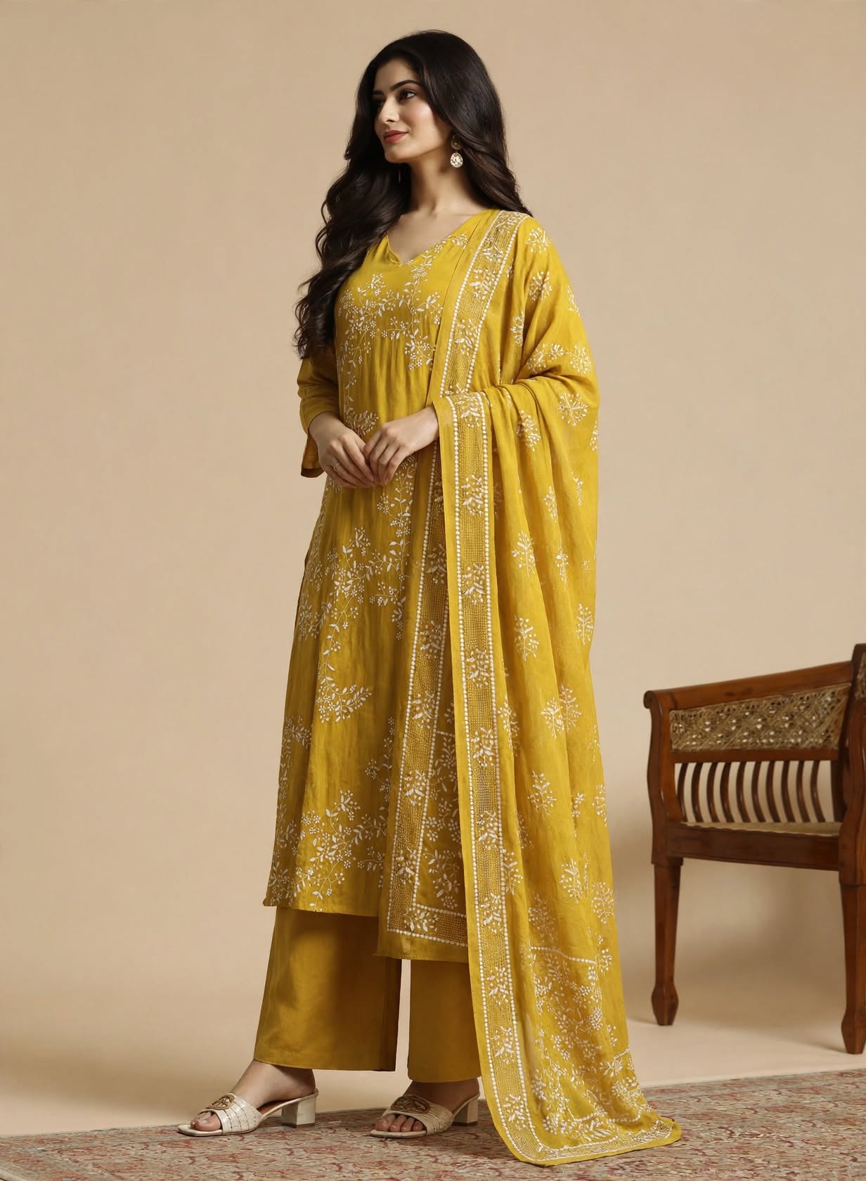 Yellow Floral Embroidered Mul Chanderi Kurta and pant with Dupatta
