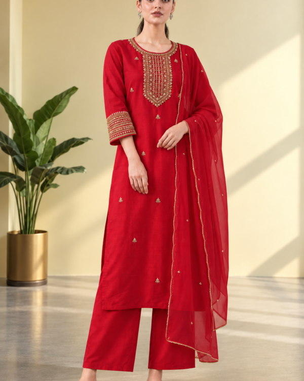 Red embroidered Dola Silk Kurta and Pant with Dupatta