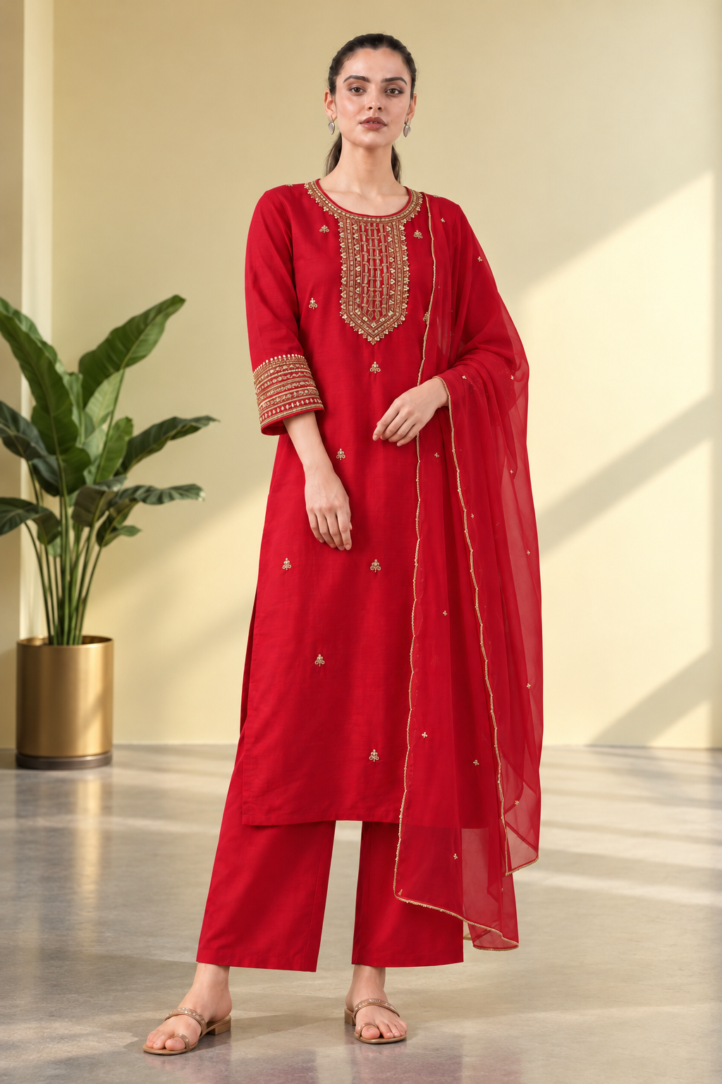 Red embroidered Dola Silk Kurta and Pant with Dupatta