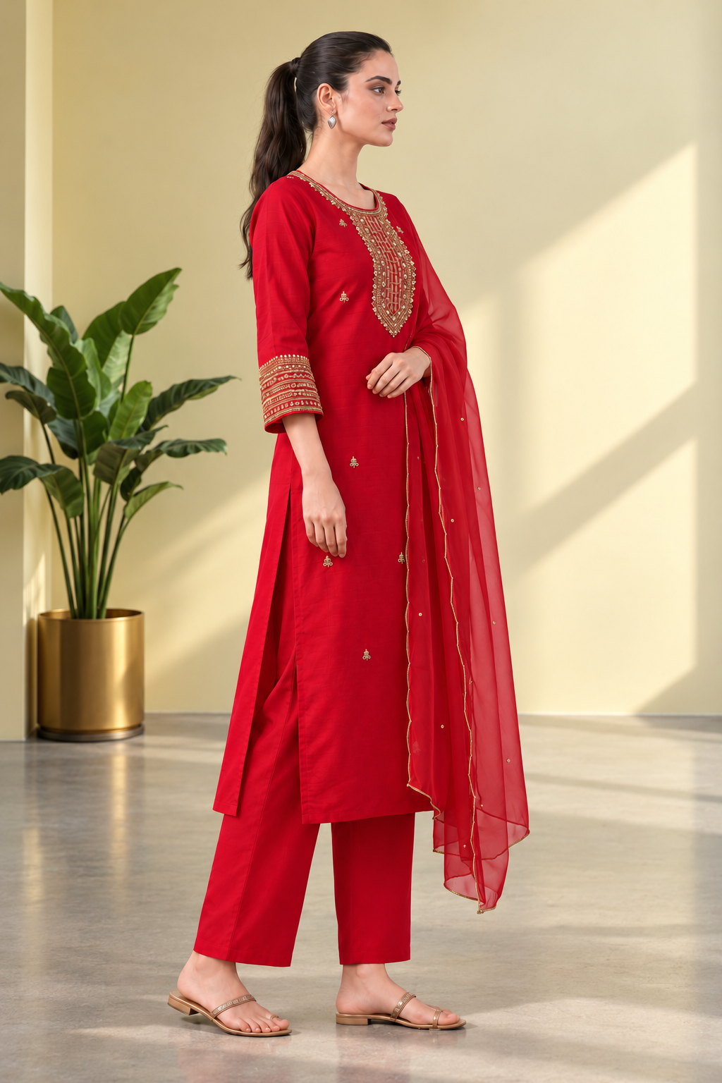 Red embroidered Dola Silk Kurta and Pant with Dupatta - Image 3