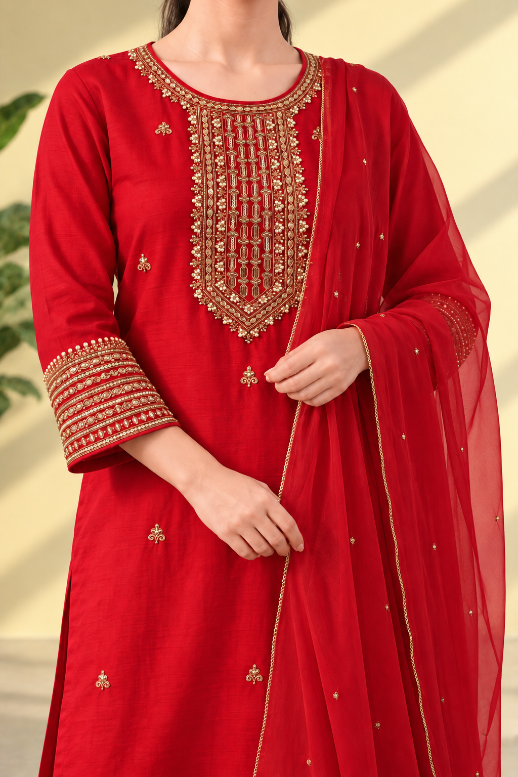 Red embroidered Dola Silk Kurta and Pant with Dupatta - Image 4