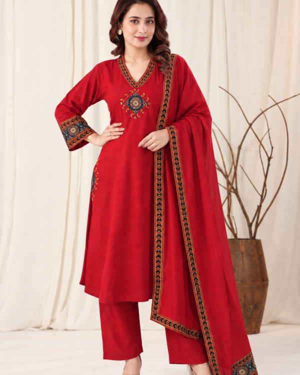 Red Cotton Kurta and pant with dupatta