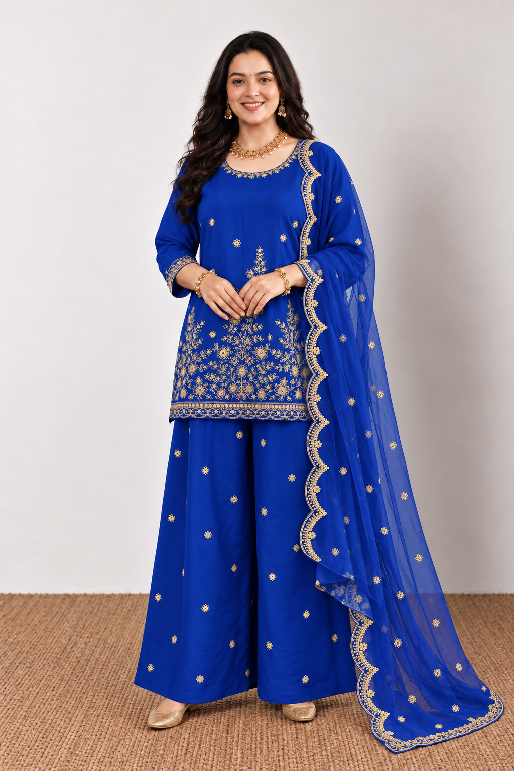 Royal Blue Cotton Kurta Palazzo With Dupatta - Image 4