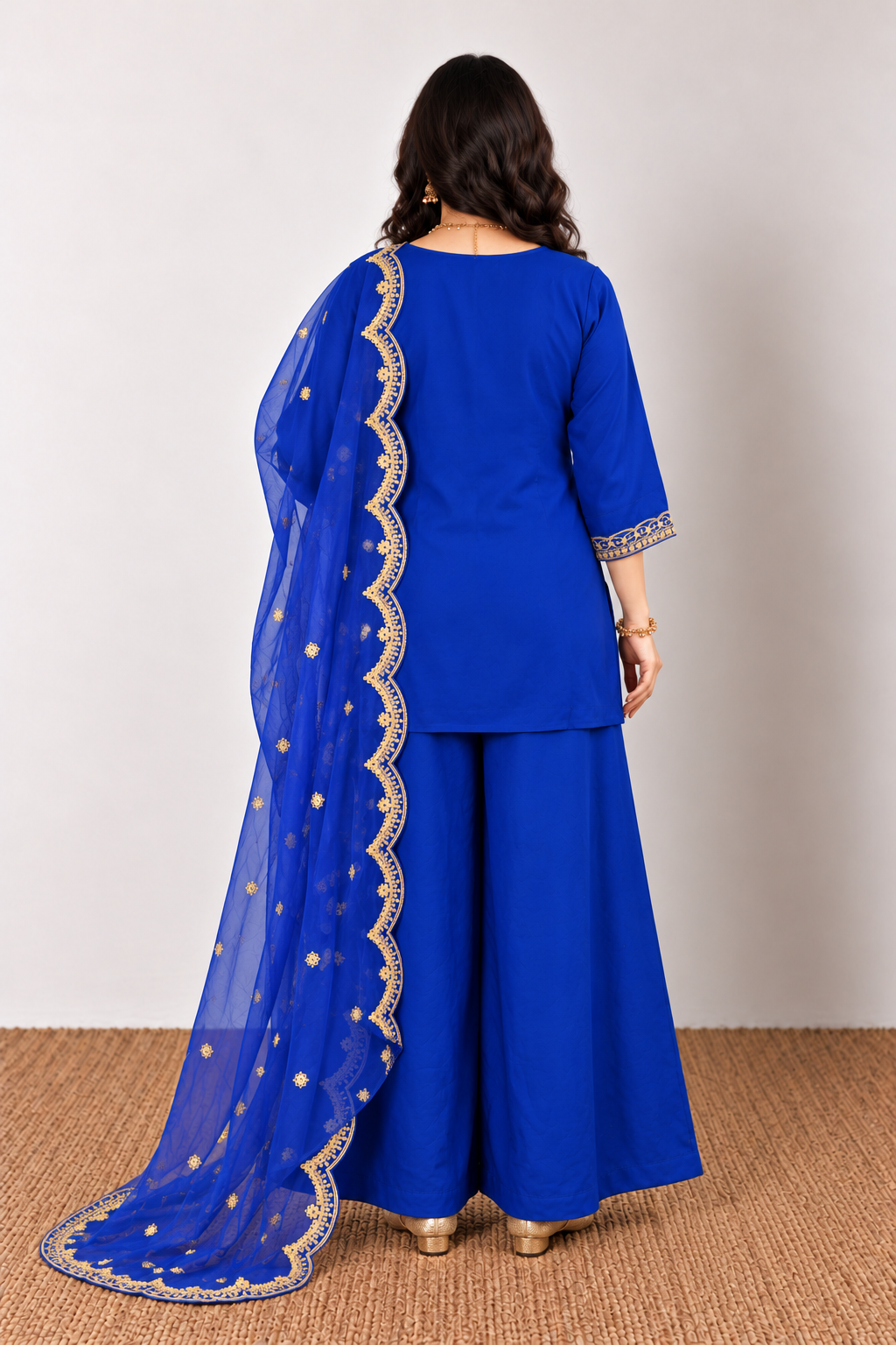 Royal Blue Cotton Kurta Palazzo With Dupatta - Image 3
