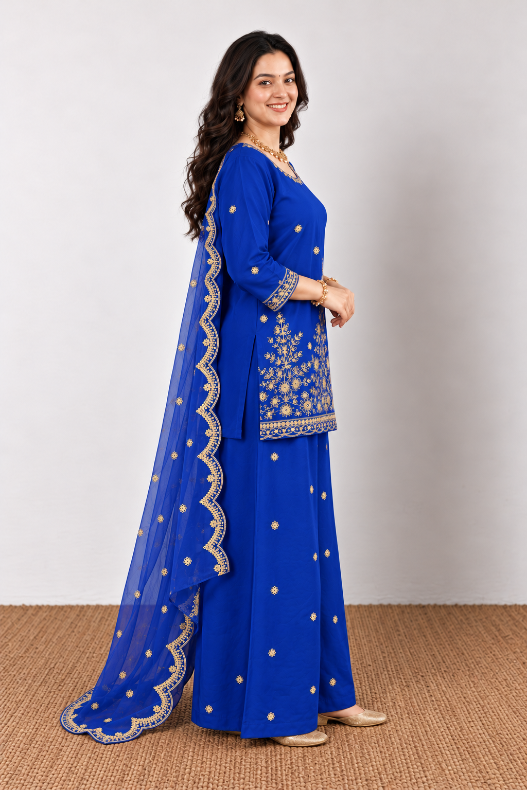 Royal Blue Cotton Kurta Palazzo With Dupatta - Image 5