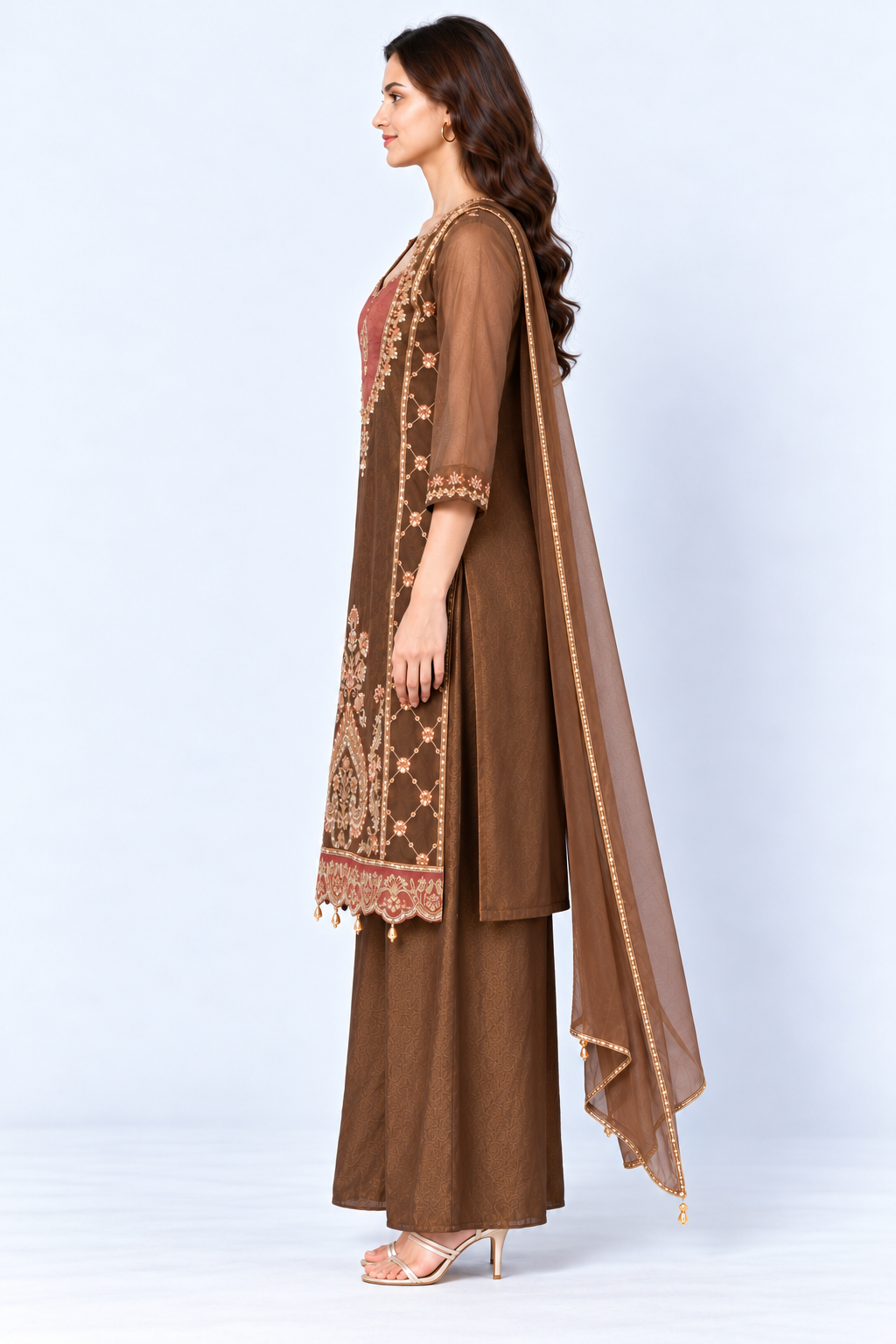 Brown Embroidered Tissue Kurta and Pant with Dupatta - Image 5