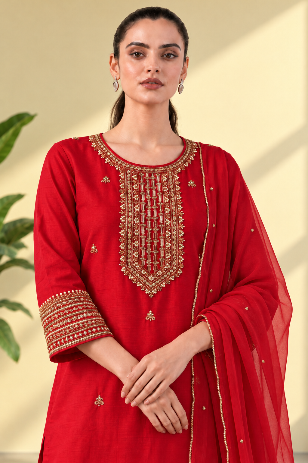 Red embroidered Dola Silk Kurta and Pant with Dupatta - Image 5
