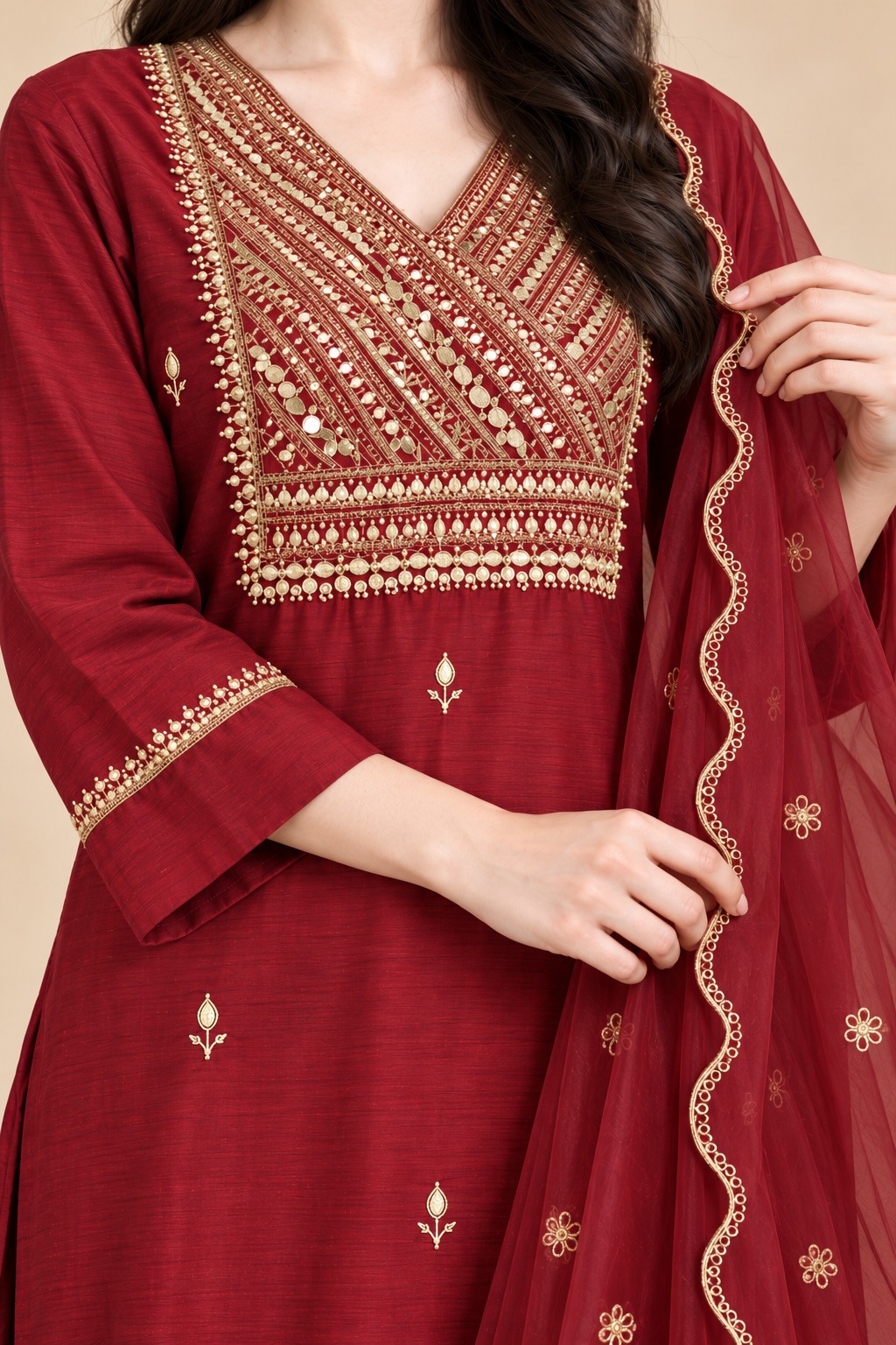 Wine Embroidered Dola Silk Straight Kurta and Pant with Dupatta - Image 5