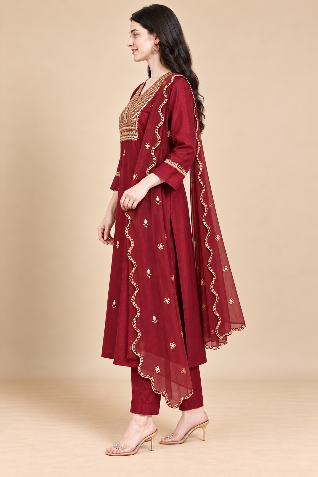 Wine Embroidered Dola Silk Straight Kurta and Pant with Dupatta - Image 6