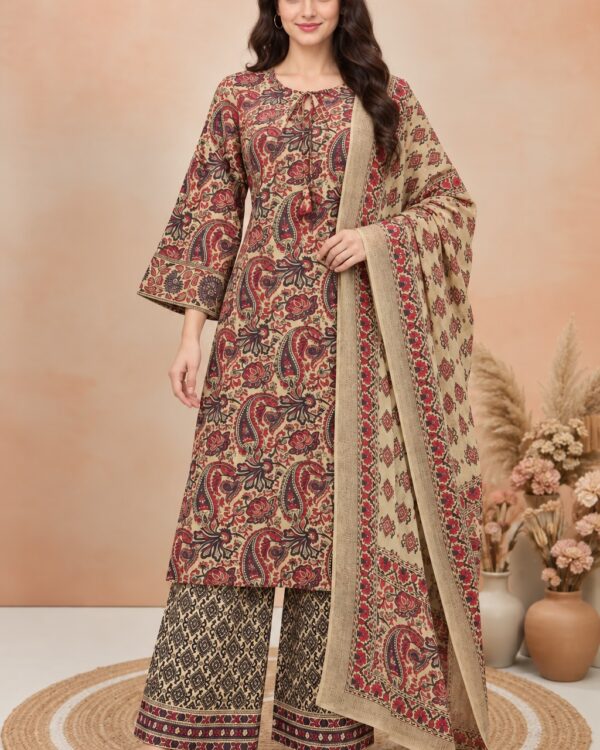Ivory and Purple Printed Cotton Kurta Pant and Dupatta