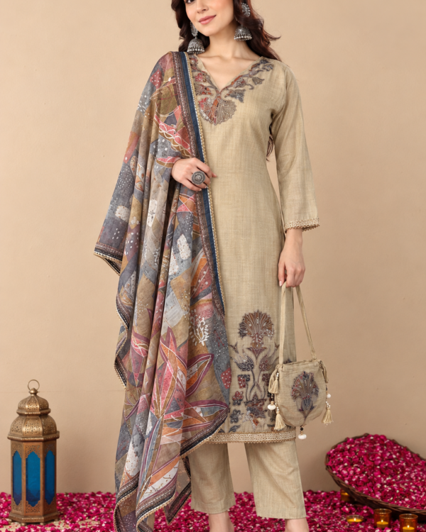 Beige Jamdani Cotton Kurta and Pant With Dupatta