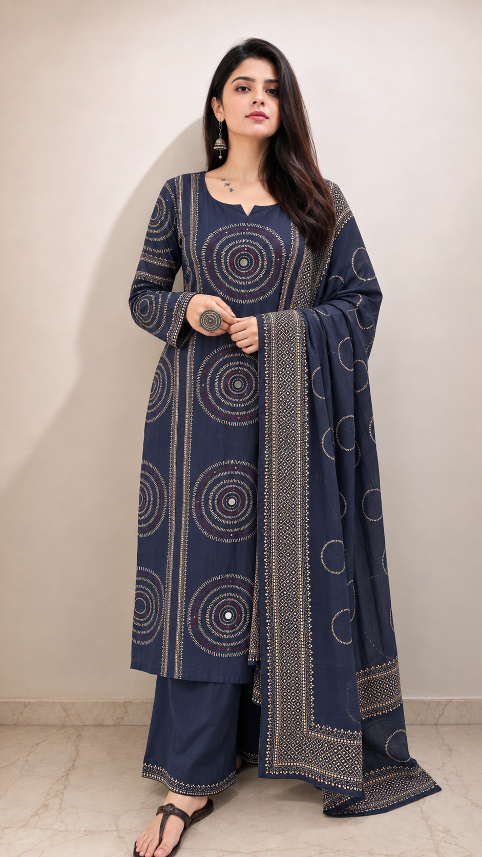 Navy Blue Printed Cotton Kurta and pant with dupatta - Image 4