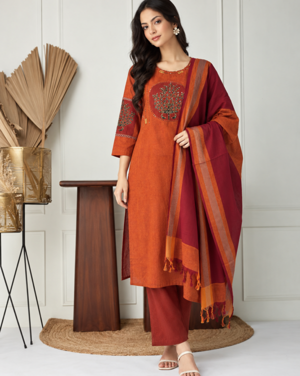 Orange and Maroon Embroidered kurta and pant with dupatta