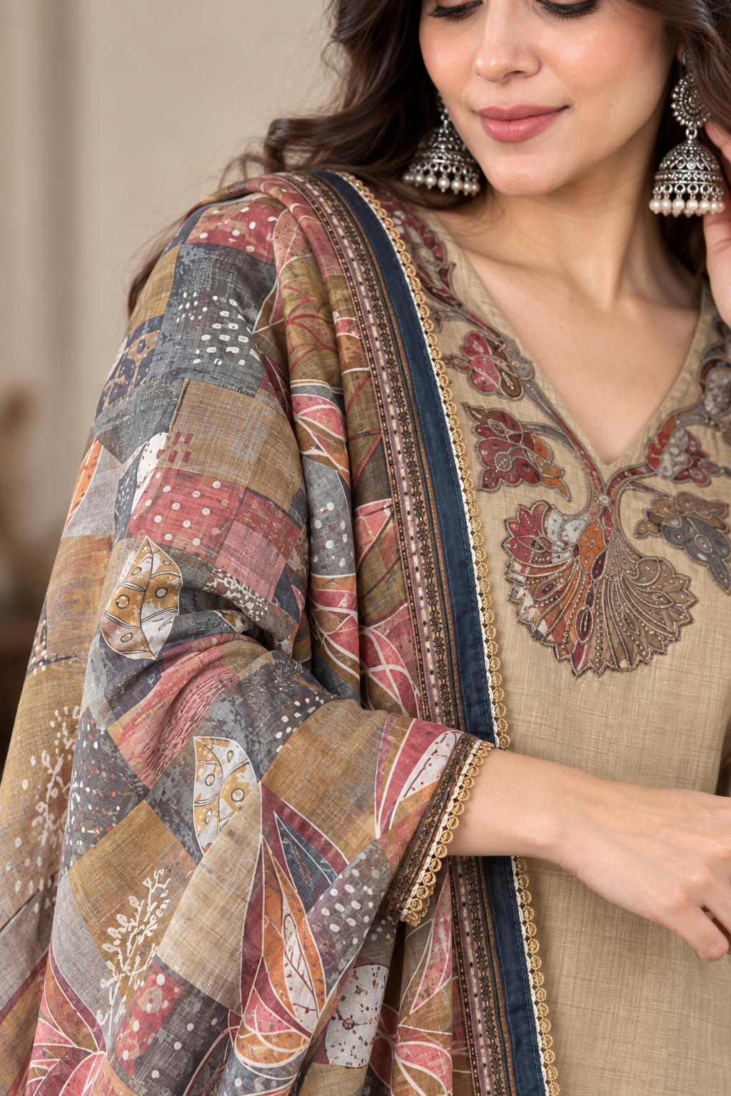 Beige Jamdani Cotton Kurta and Pant With Dupatta - Image 3