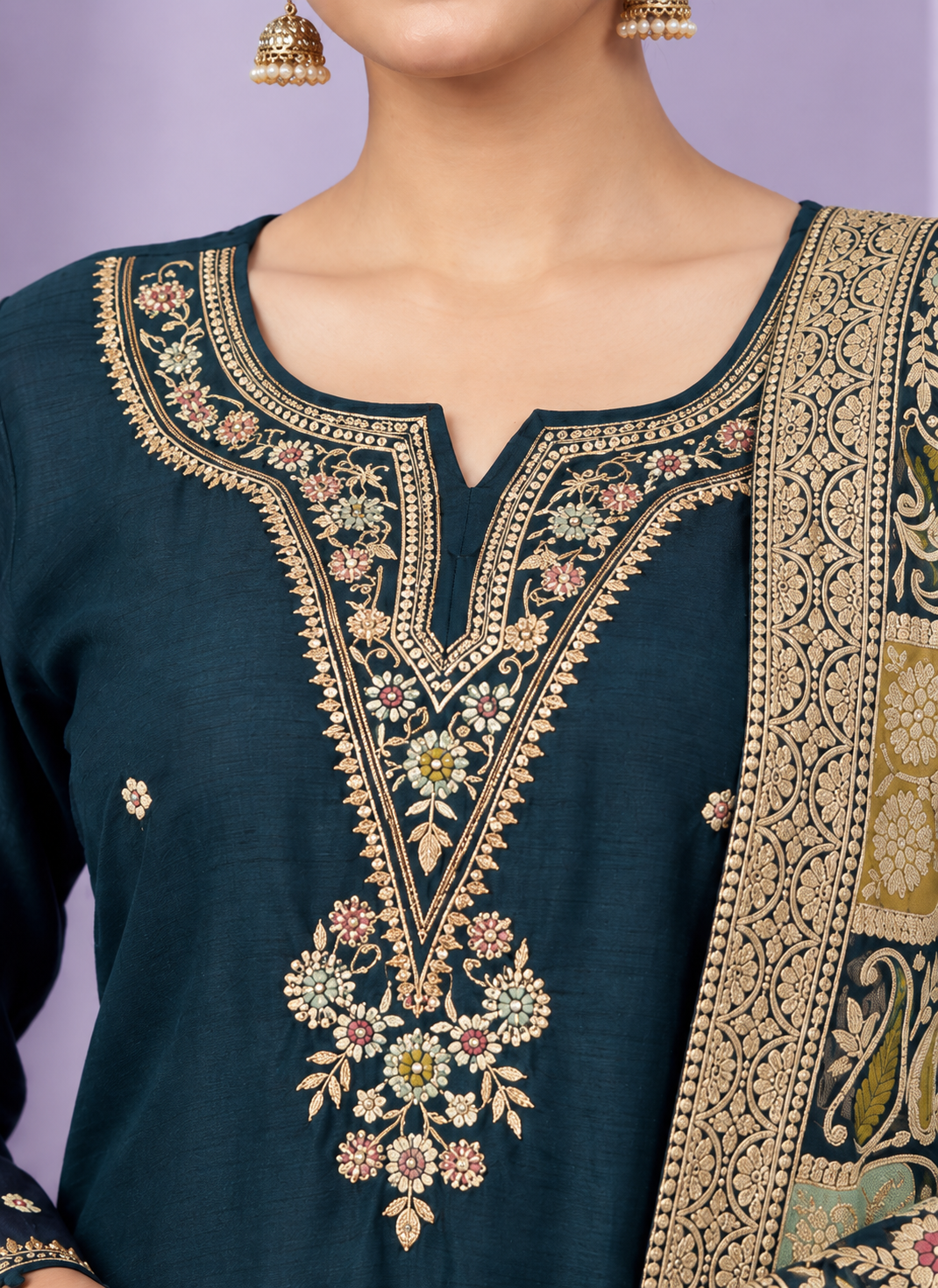 Navy Blue Embroidered Dola Silk Kurta and Pant with dupatta - Image 3