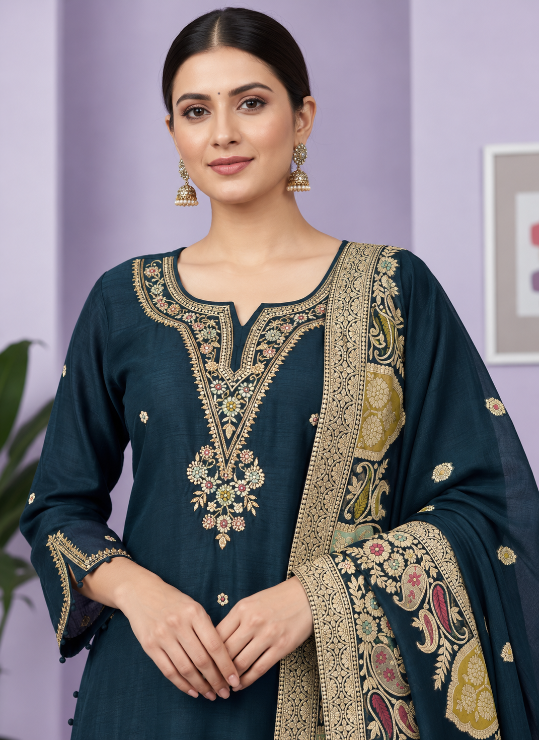 Navy Blue Embroidered Dola Silk Kurta and Pant with dupatta - Image 2
