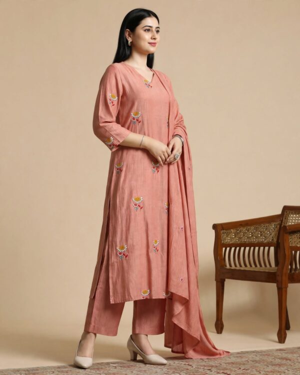 Blush Pink Embroidered Crushed Palli Silk Kurta and Pant with Dupatta