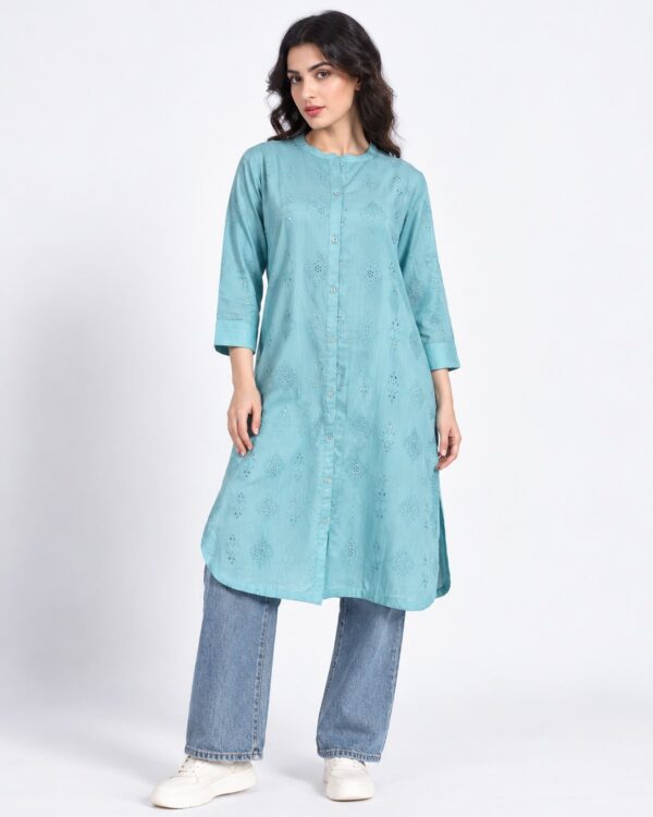 Sky Blue Schiffli Cotton Kurta