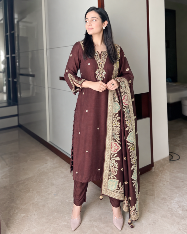Wine Embroidered Dola Silk Kurta and Pant with dupatta