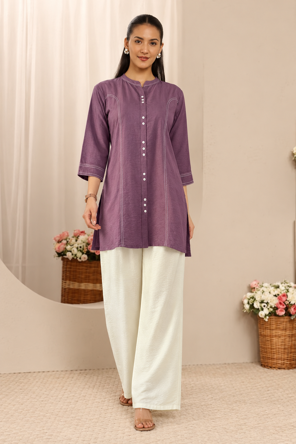 Wine Butter Cotton kurta pant set