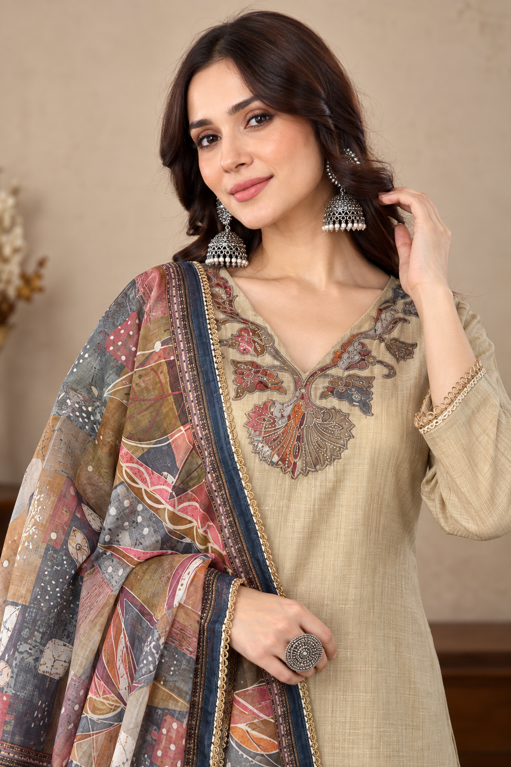 Beige Jamdani Cotton Kurta and Pant With Dupatta - Image 4