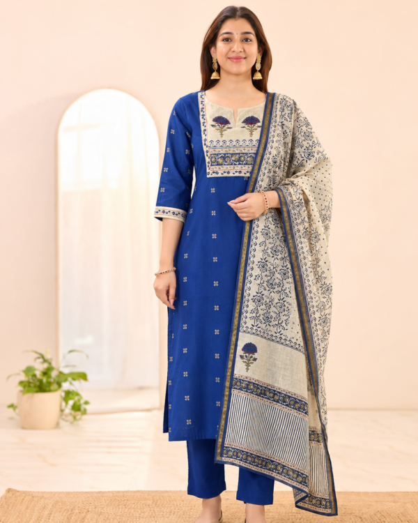 Blue Printed Cotton Kurta and pant with dupatta