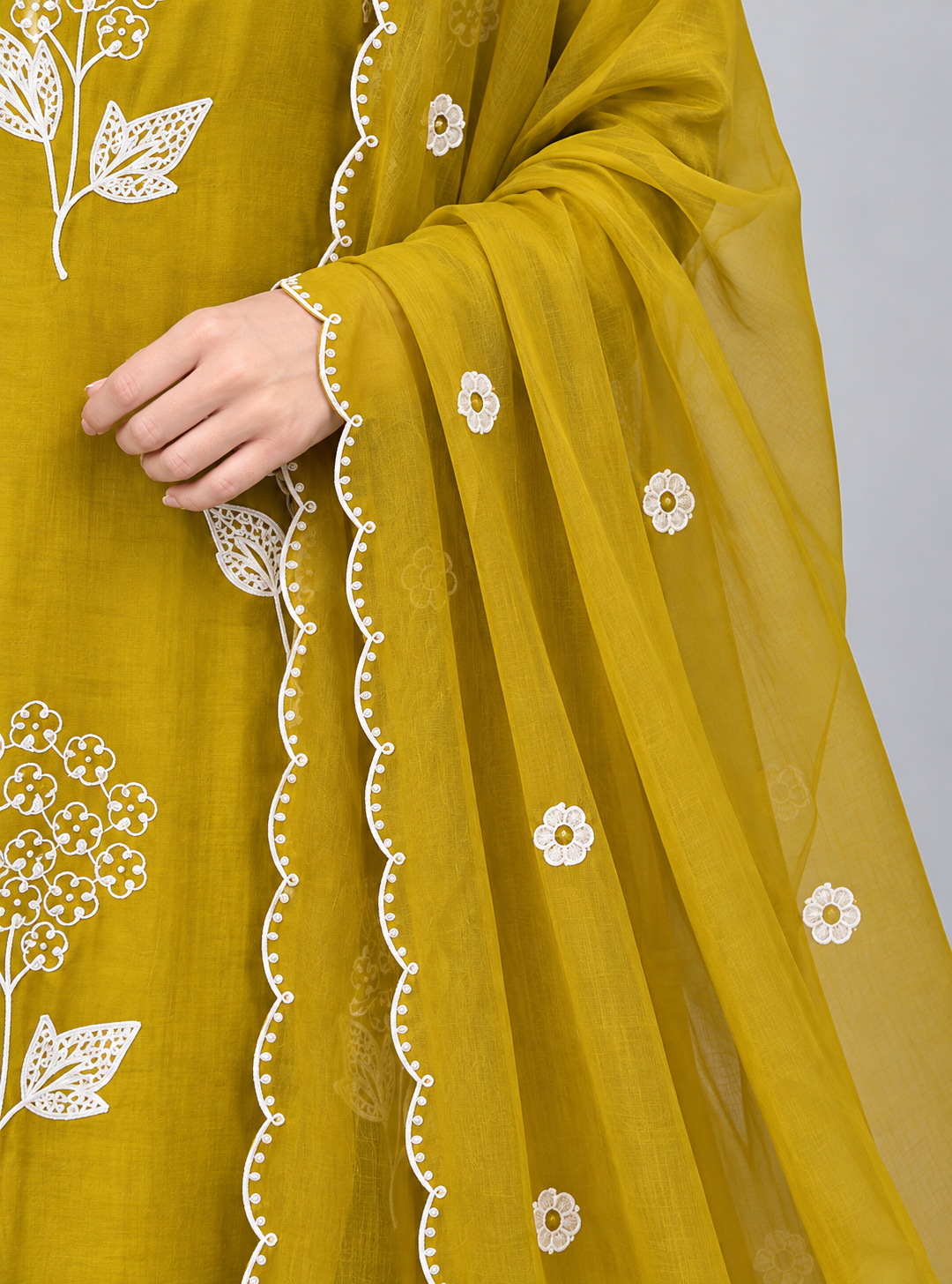 Mustard Yellow Embroidered Chanderi Kurta and pant with dupatta - Image 4