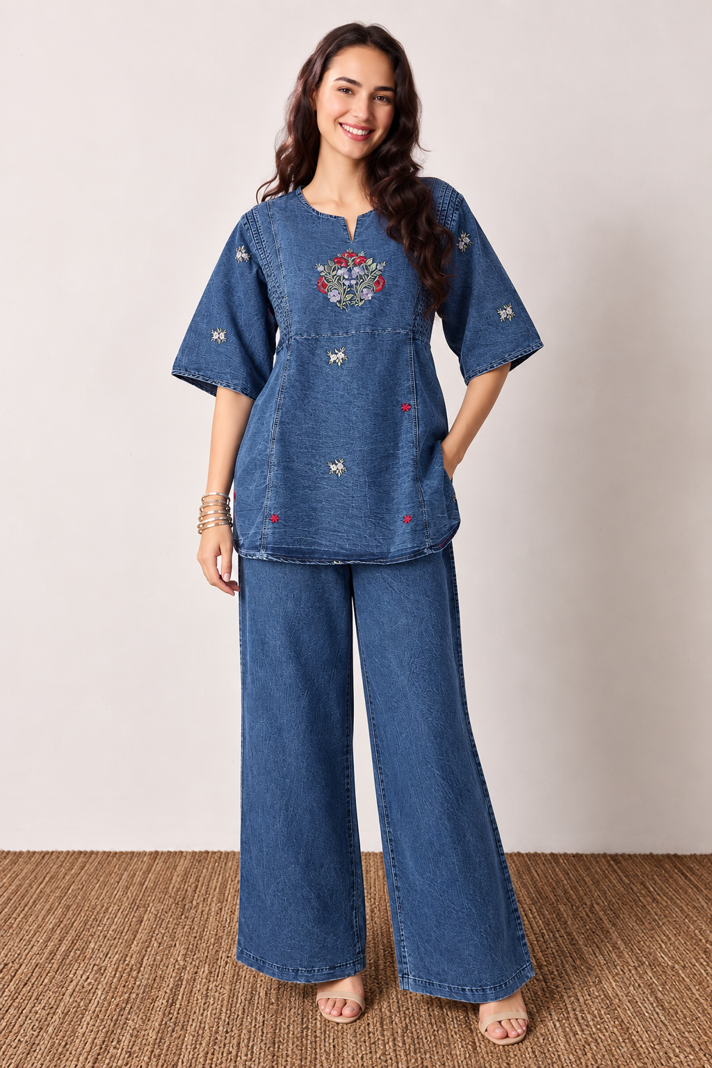 Blue Embroidered Denim Co-ord Set