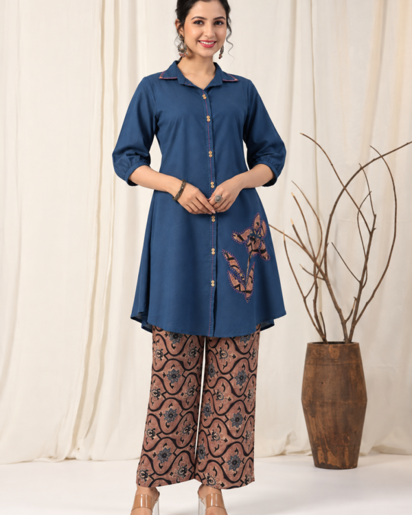 Blue Cotton Kurta With Patchwork and Printed Pant Set