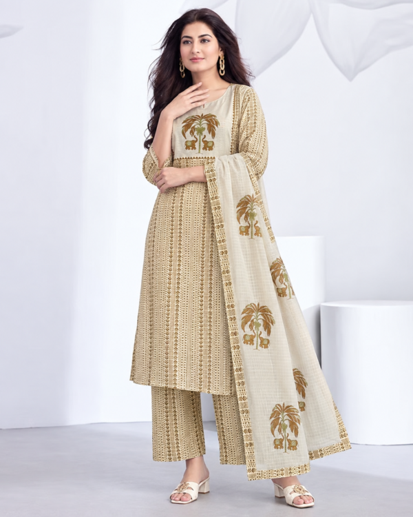 Off White in maroon tone printed cotton kurta and pant with dupatta