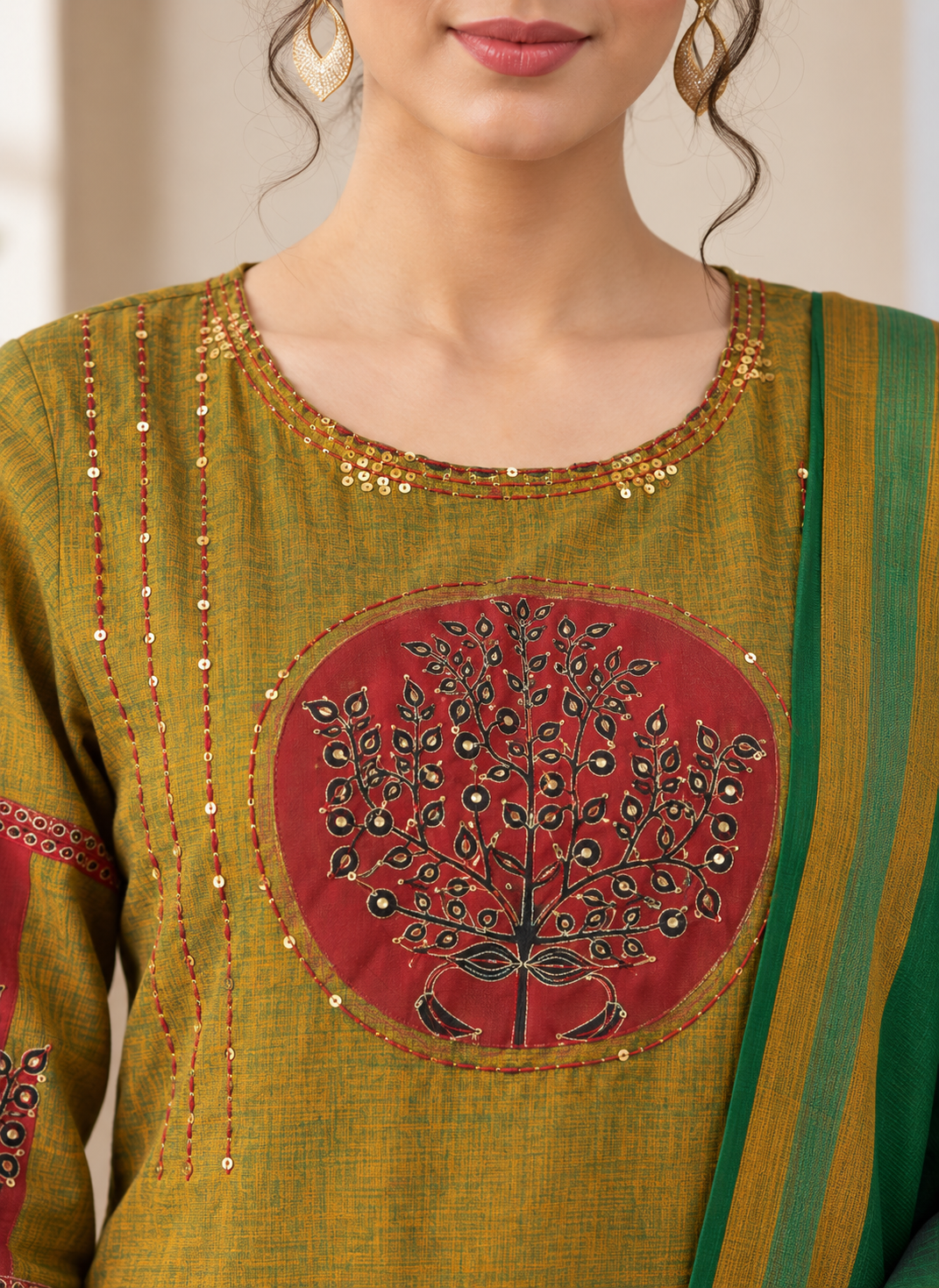 Green and Maroon Embroidered kurta and pant with dupatta - Image 3