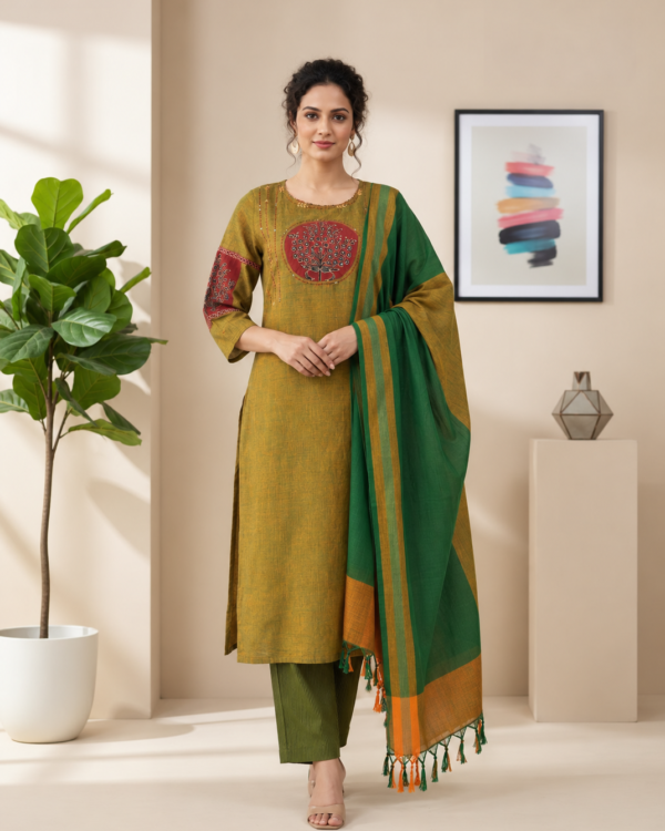 Green and Maroon Embroidered kurta and pant with dupatta