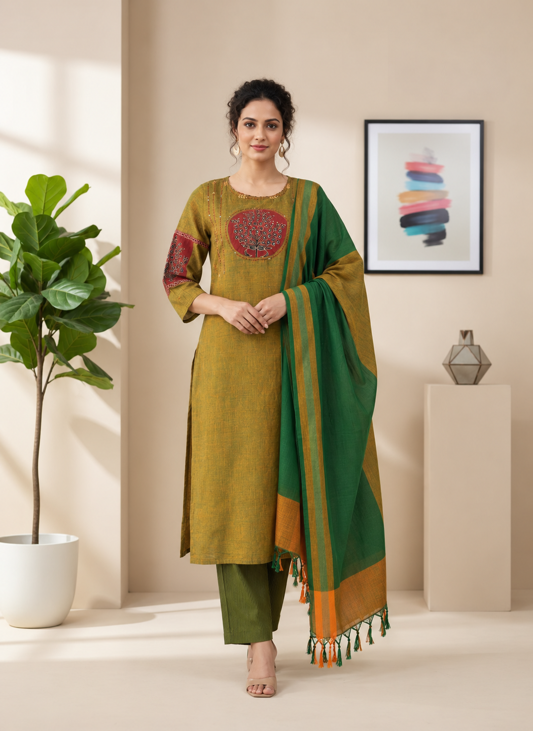 Green and Maroon Embroidered kurta and pant with dupatta