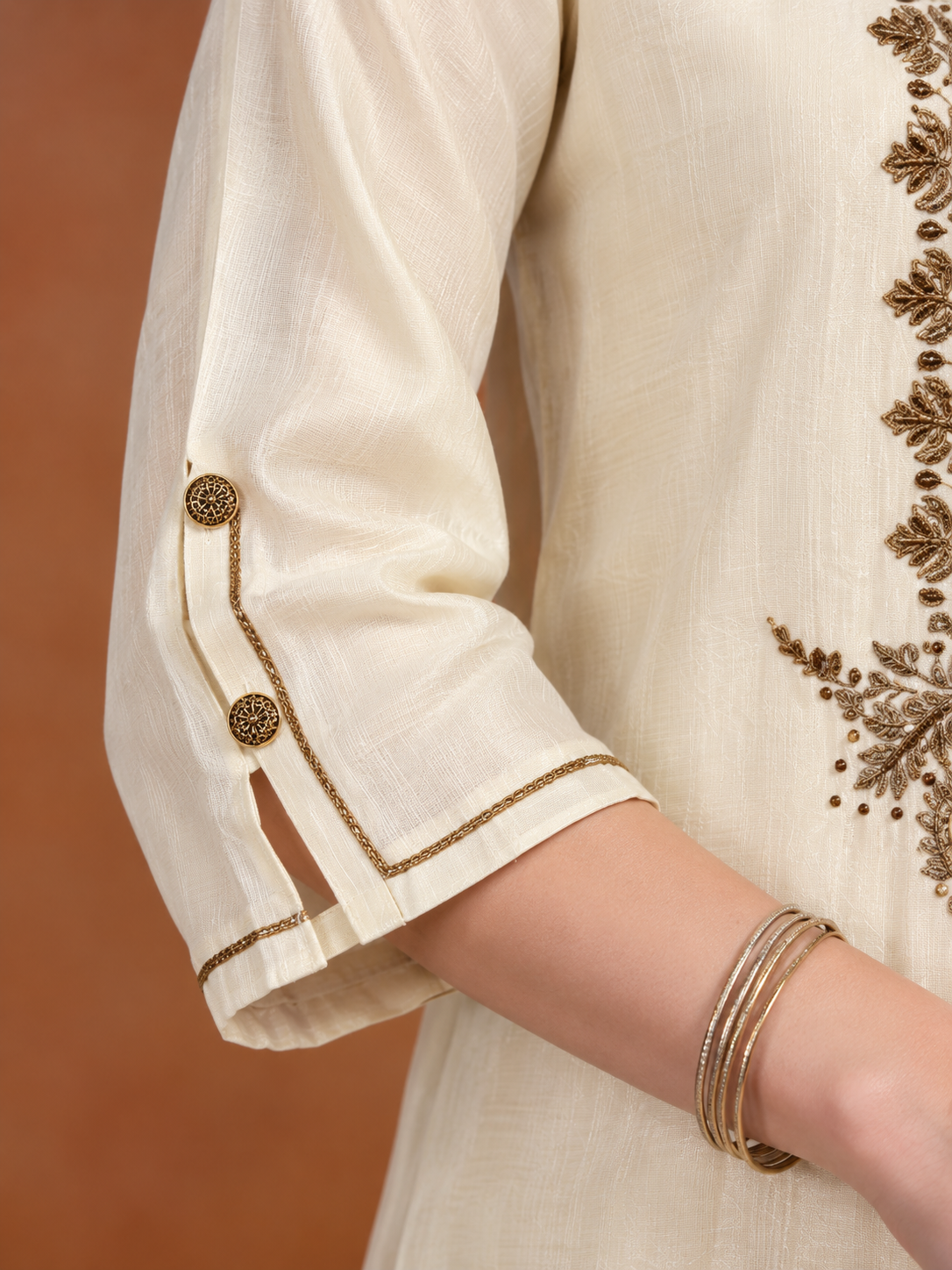 Ivory Embroidered Dola Silk Kurta and Palazzo with dupatta - Image 5