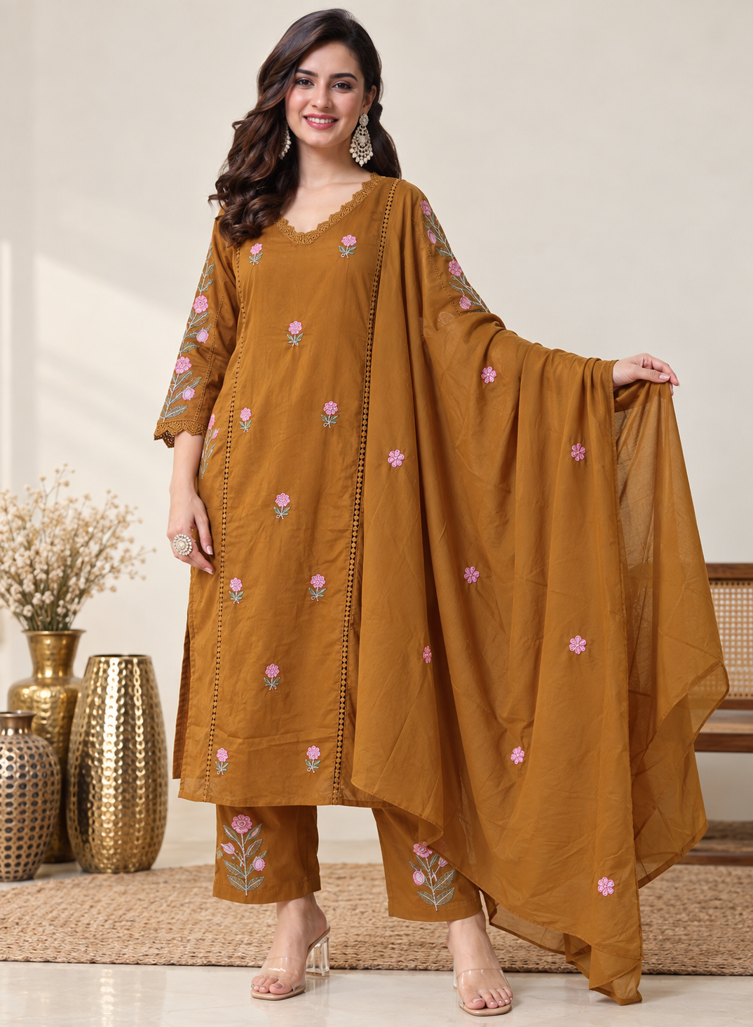 Mustard Floral Embroidered Mul Cotton Kurta and pant with Dupatta - Image 4