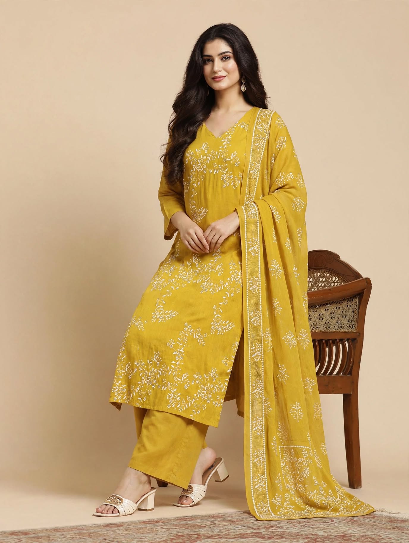 Yellow Floral Embroidered Mul Chanderi Kurta and pant with Dupatta - Image 5